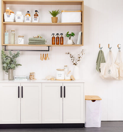 Bamboo and fabric laundry basket for home organisation and laundry organisation. They are great for wardrobe storage 