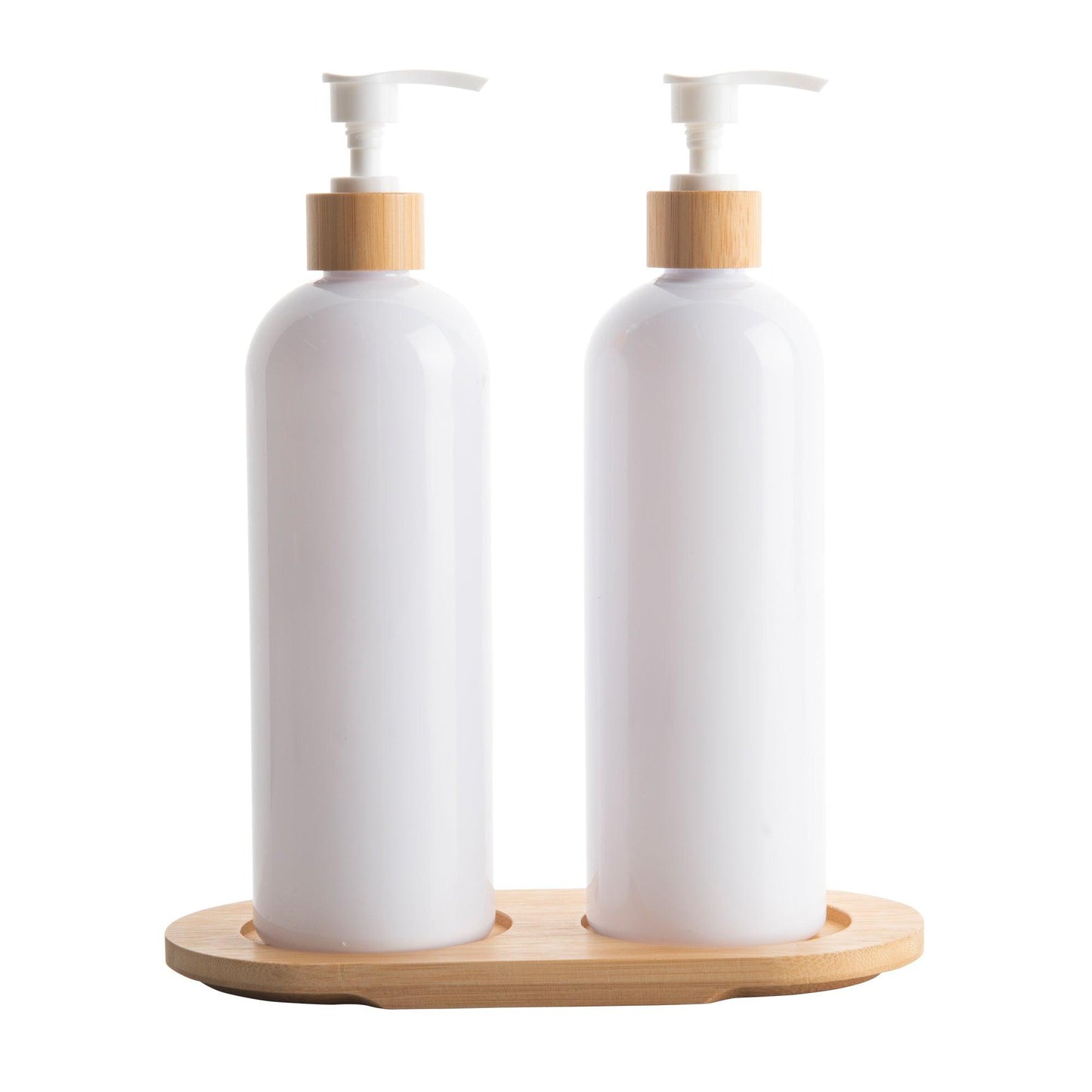 500ml Plastic Pump Bottles with Bamboo Tray (White) - Little Label Co - Bathroom Accessories - 20%,Bathroom & Cleaning,Bathroom Organisation,Catchoftheday,Kitchen Organisation,Laundry Organisation,Refillable Bottles,Value Packs