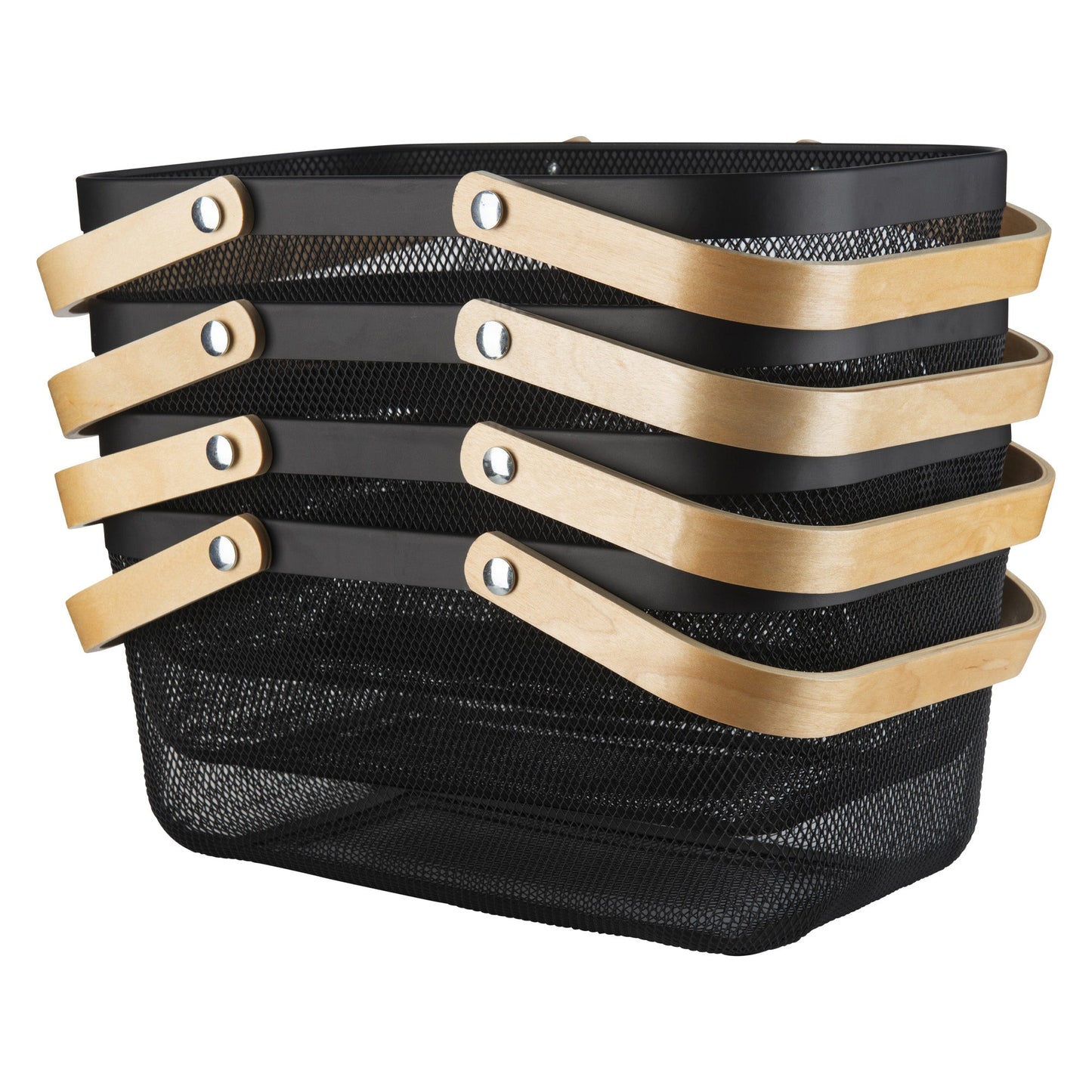 Black Large Handy Storage Basket with Wooden Handle - 4 Pack