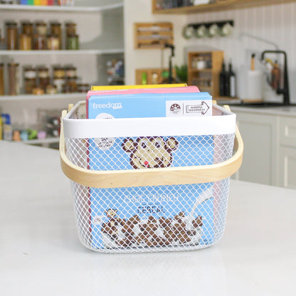 mesh metal basket with bamboo handle for home organisation, use in the kitchen, bathroom, laundry and more. 