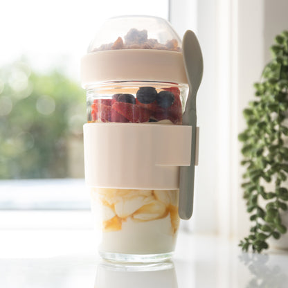 On-the-go travel jar with spoon and compartment. Meal Prep Container. Overnight Oats.