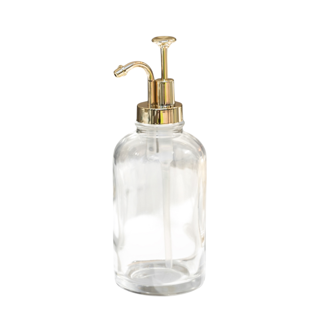 500ml Clear Glass Pump Bottle with Gold Pump Add a touch of elegance to your kitchen, laundry or bathroom with this beautiful glass pump bottle featuring a gold pump