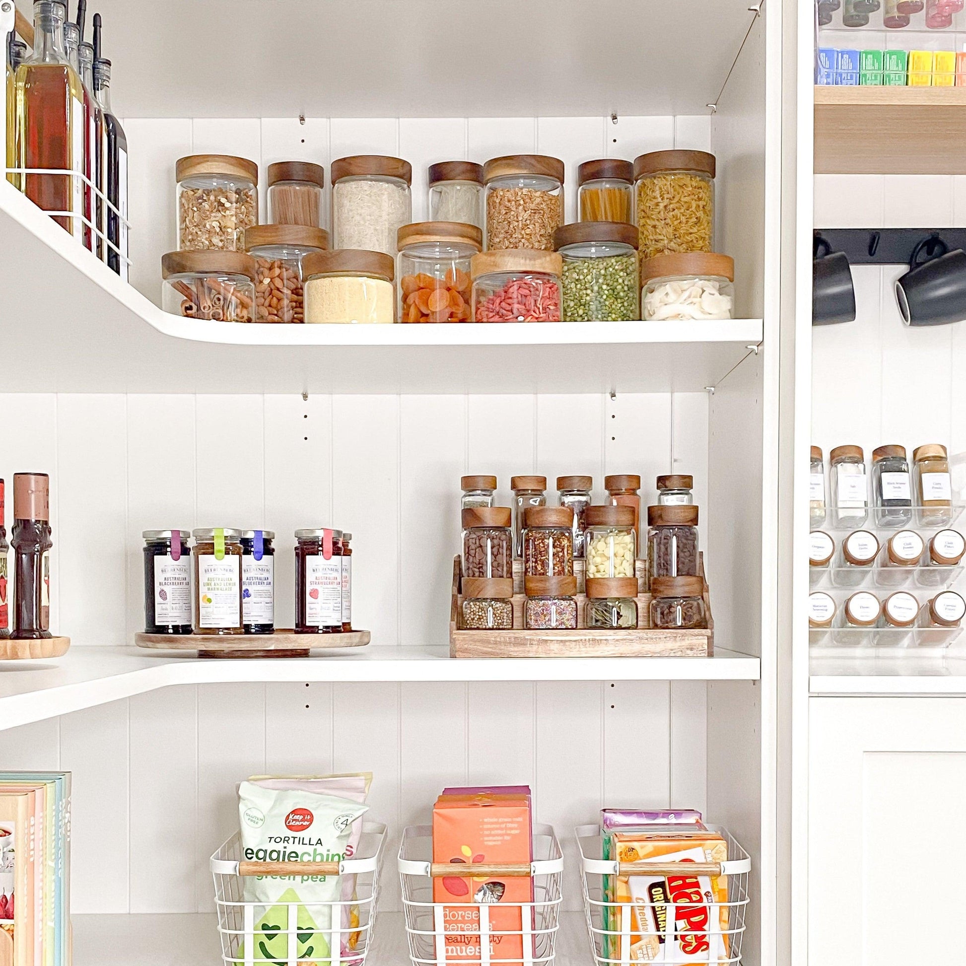 Acacia Glass Jar Deluxe Pantry Organisation Pack. these food storage jars are airtight and keep any pantry organised. 