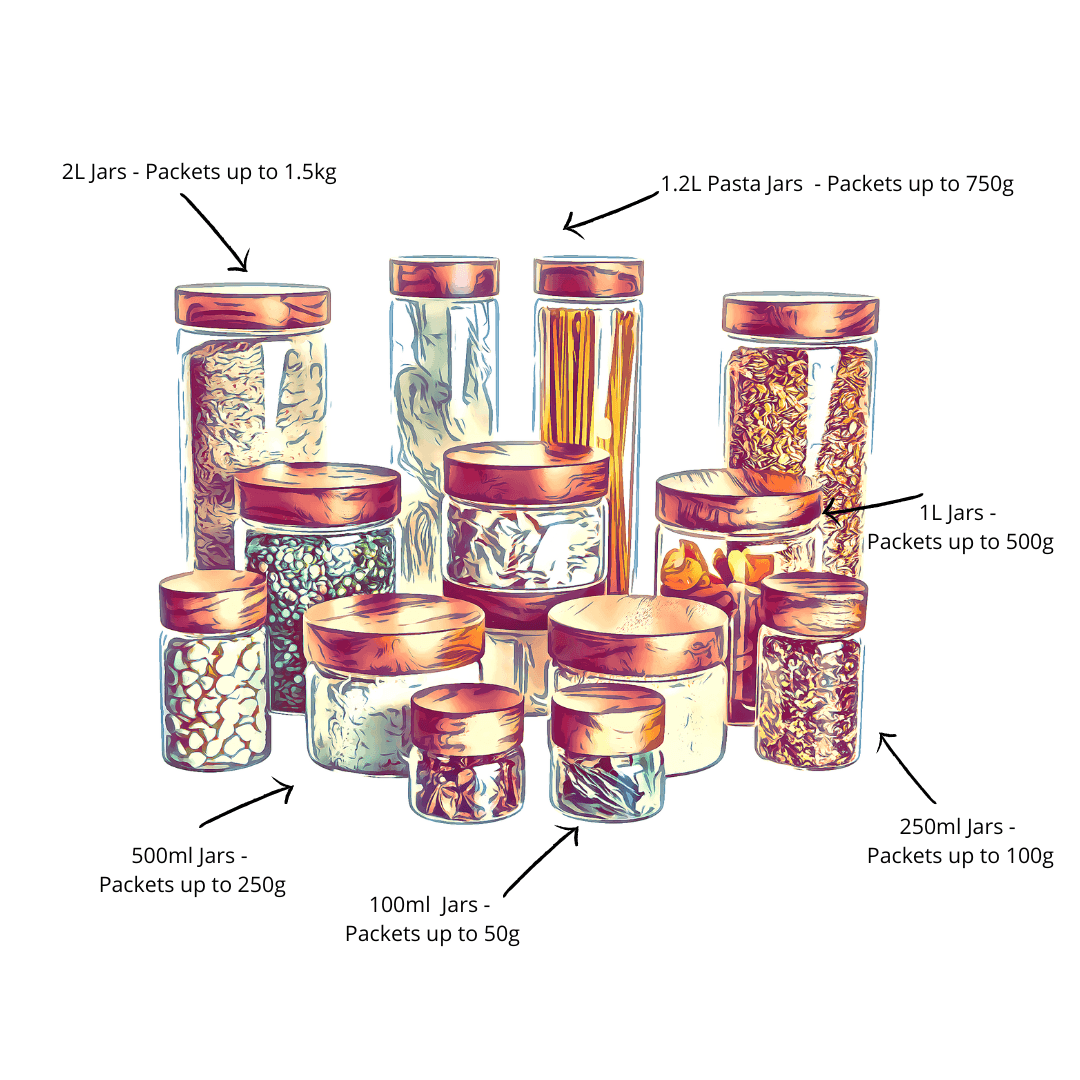 Acacia Glass Jar Deluxe Pantry Organisation Pack. these food storage jars are airtight and keep any pantry organised. 