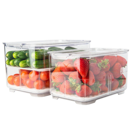 Fridge Organiser with Drainage Plug - Set of 2 for Fridge storage and organisation. Keep your food fresher in our storage containers.  Great for Meal Prep and Fridge organisation