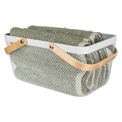 mesh metal basket with bamboo handle for home organisation, use in the kitchen, bathroom, laundry and more. 