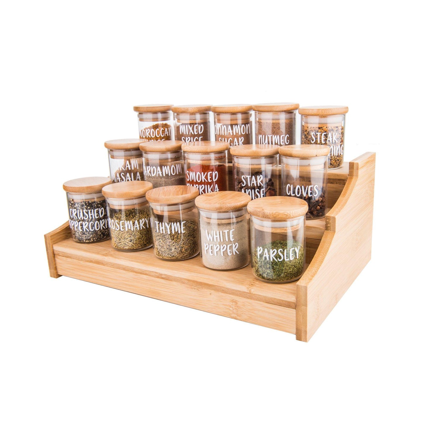 Large Bamboo Shelf with 15 x 75ml Herb & Spice Jars Pack - Little Label Co - Kitchen Organizers - Bamboo Storage Solutions, bundle, Catchoftheday, Food Storage Containers, Herb & Spice Jar, Herb & Spice Jars, Herb & Spice Organisation, mw_grouped_product, Storage Containers