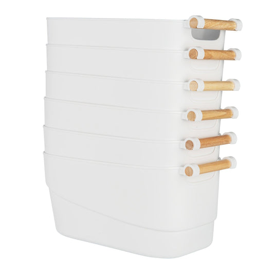 Medium White Storage Tub with Wooden Handle (6 Pack)