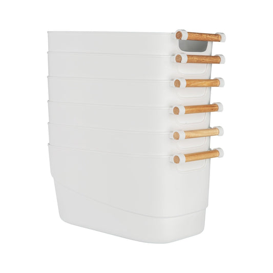 Small White Storage Tub with Wooden Handle (6 Pack)