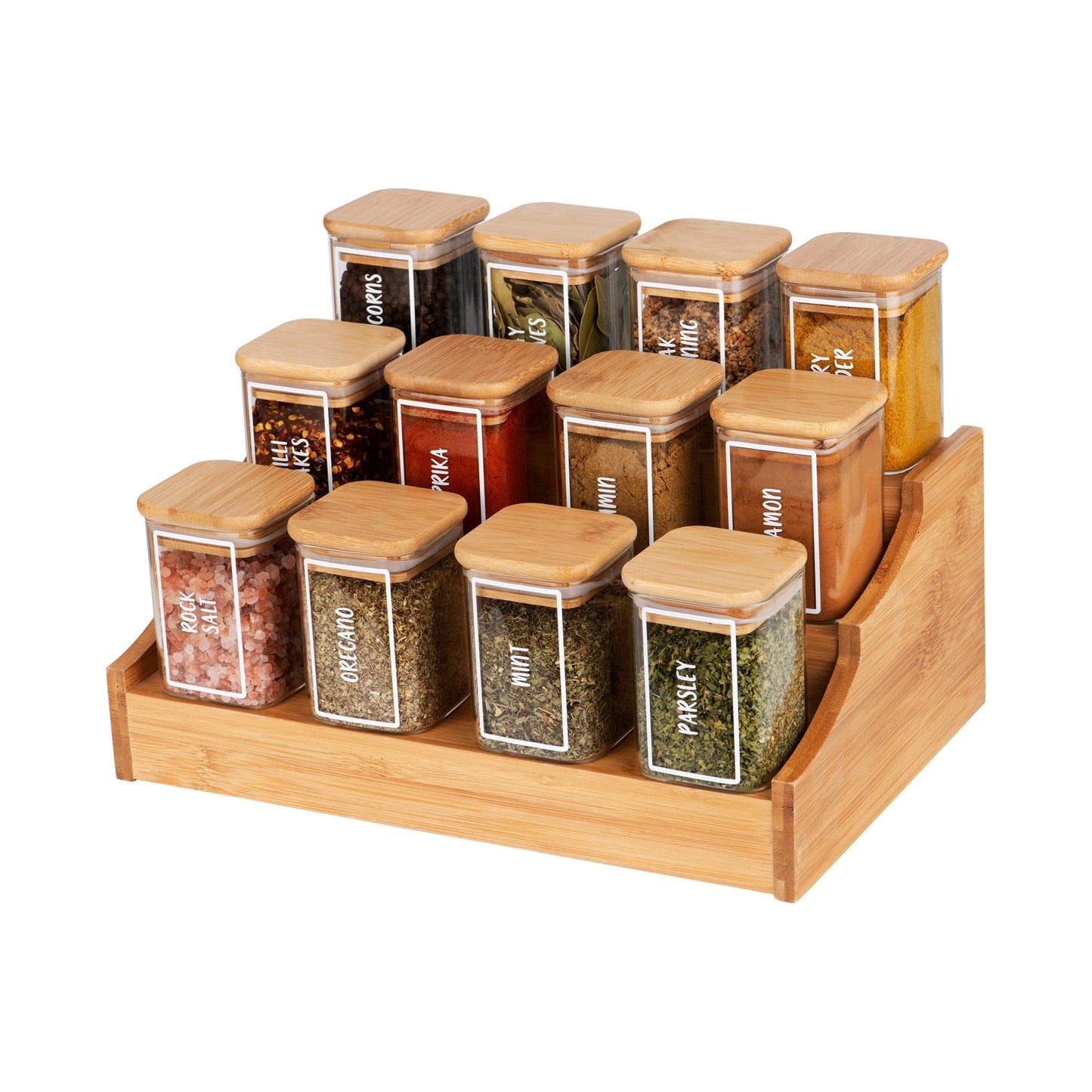 Large Bamboo Shelf with 12 x 200ml Square Herb & Spice jars